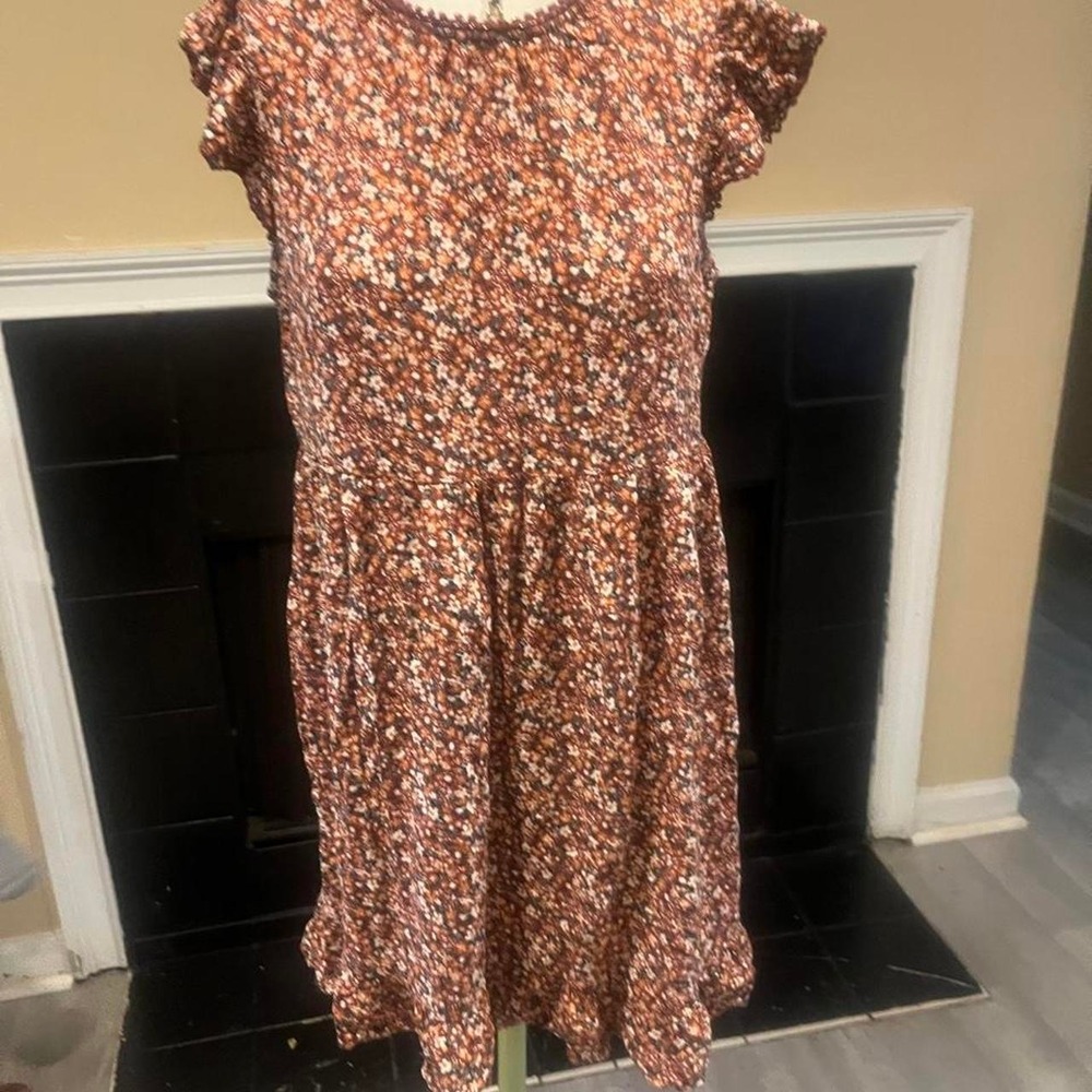 Brown and white floral print dress Cottagecore babydoll dress